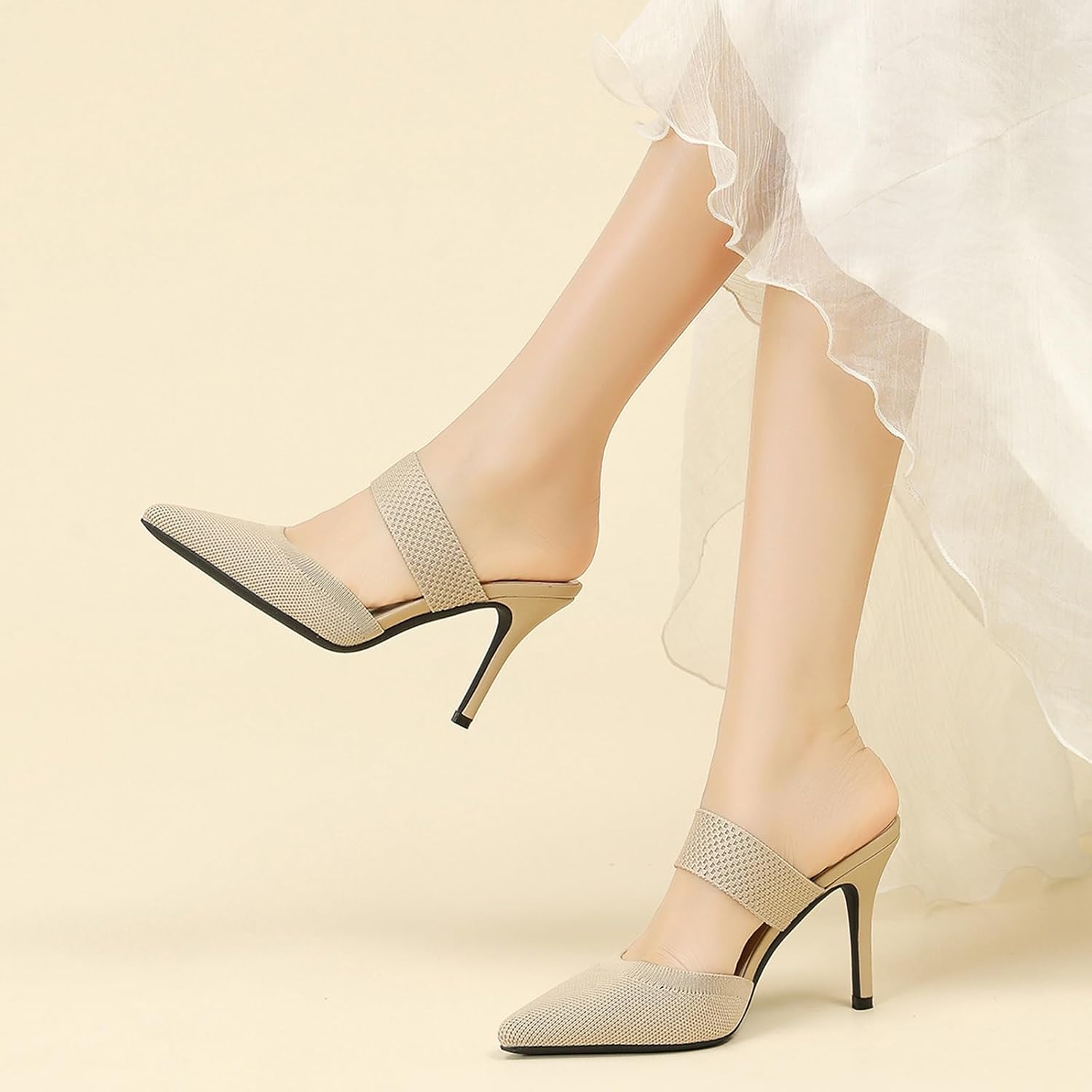 Womens Knit Stiletto Heel Mules Pointed Closed Toe Comfortable Mesh Slip On Ankle Strap Slingback High Heel Dress Pumps for Prom Party Daily Causal Office