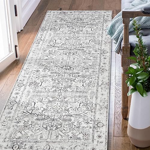 TOPICK Runner Rug 60x210cm Distressed Grey Multi Area Rug Hallway Runner Floral Rug Chenille Print Vintage Rug Accent Thin Rug Anti Slip Indoor Floor Rug Kitchen Living Room Bedroom Office