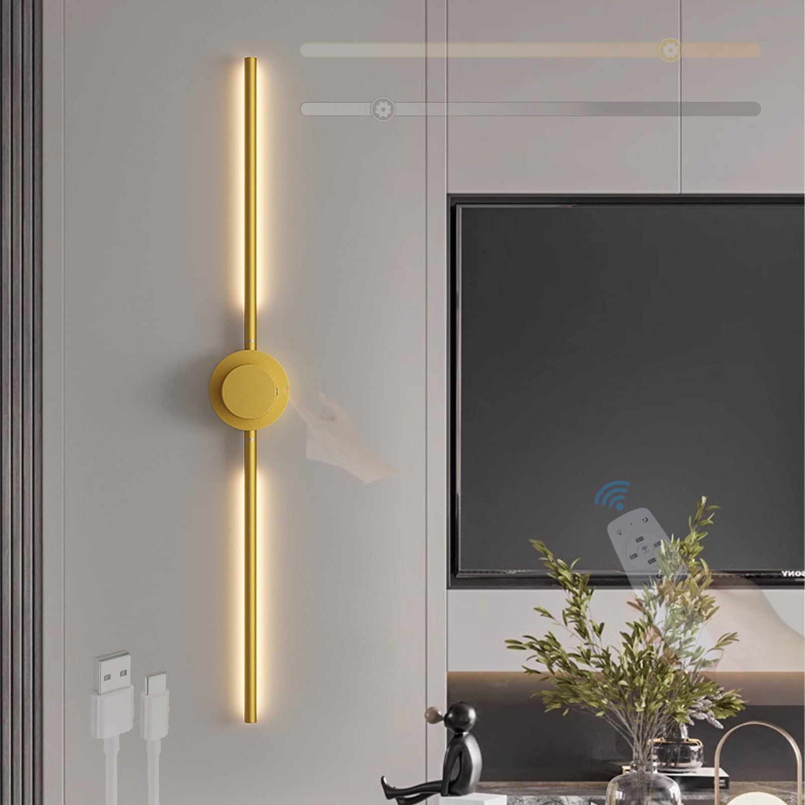 Apliques de pared LED recargables de 70cm dorados con mando 8