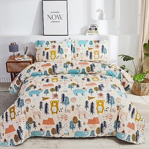 Kids Quilt Set Twin Size, 3-Piece Cartoon Bear Bedding Bedspread Kids Reversible Forest Animals Design Lightweight Children Coverlet Quilt Set with Matching Shams