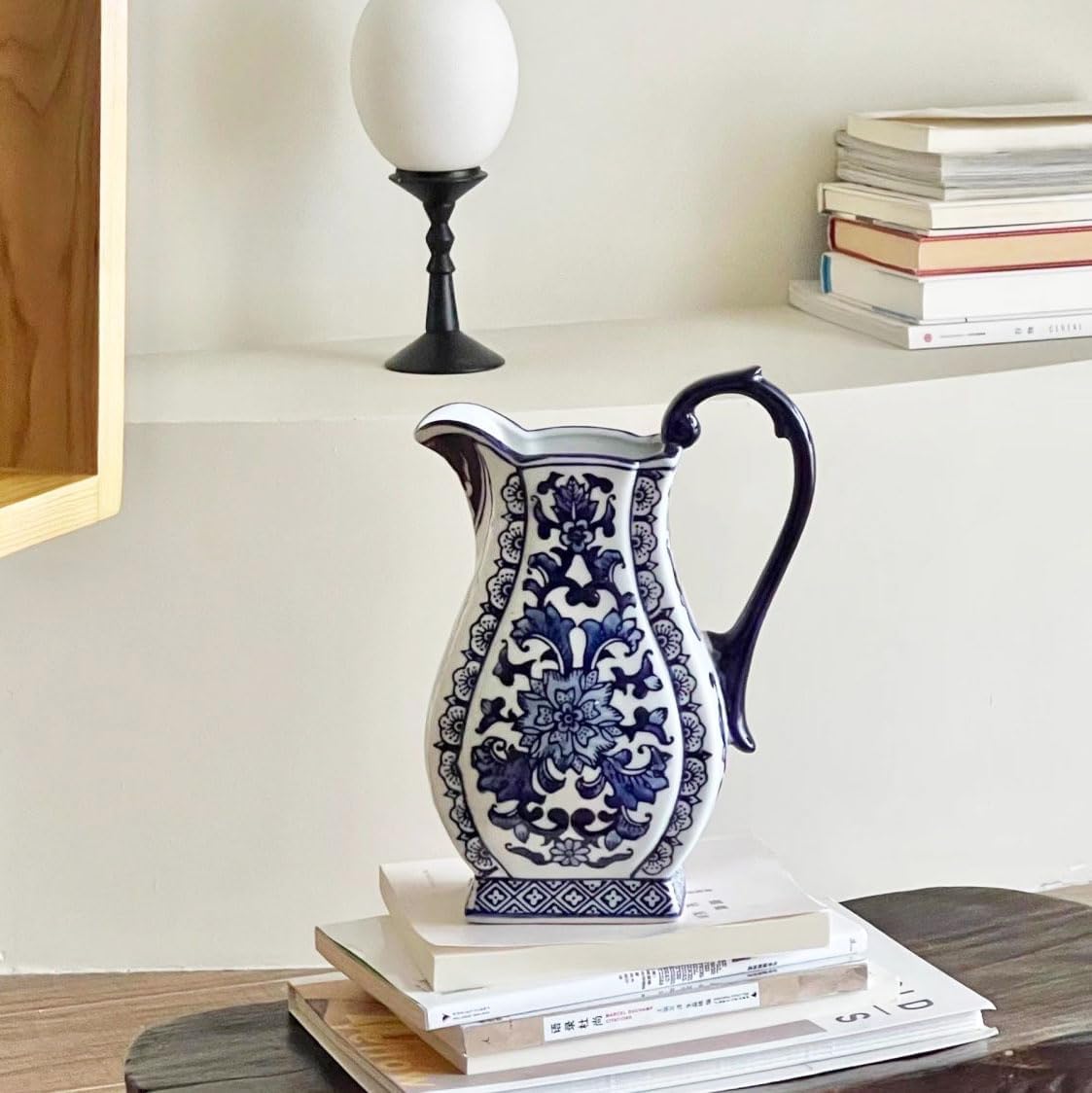 Vintage Ceramic Pitcher,Retro Rustic Blue and White Pitcher Vase Distressed Flower Vase for Home Decoration Centerpieces,B