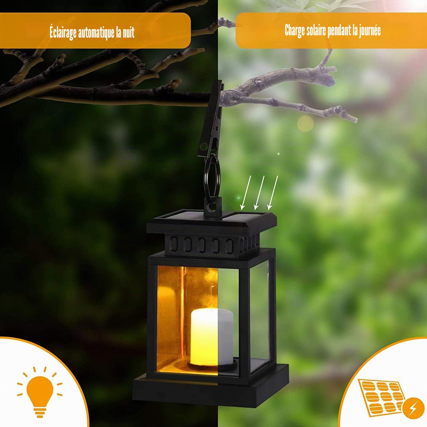 Lot de 4 lanternes solaires d'extérieur avec bougie LED, lanterne solaire LED, lampes solaires pour extérieur, à suspendre, effet vacillante, lanterne LED solaire avec bougies, lampes de décoration