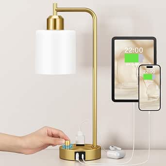 Innqoo Gold Lamp for Bedroom - Industrial Bedside Table Lamp with USB Port and Outlet