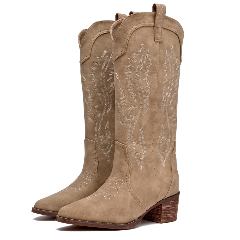kkdom Cowgirl Boot Cowboy Boots for Women Comfortable Embroidered Pull-On Chunky Stacked Heel Pointy Toe Knee High Western