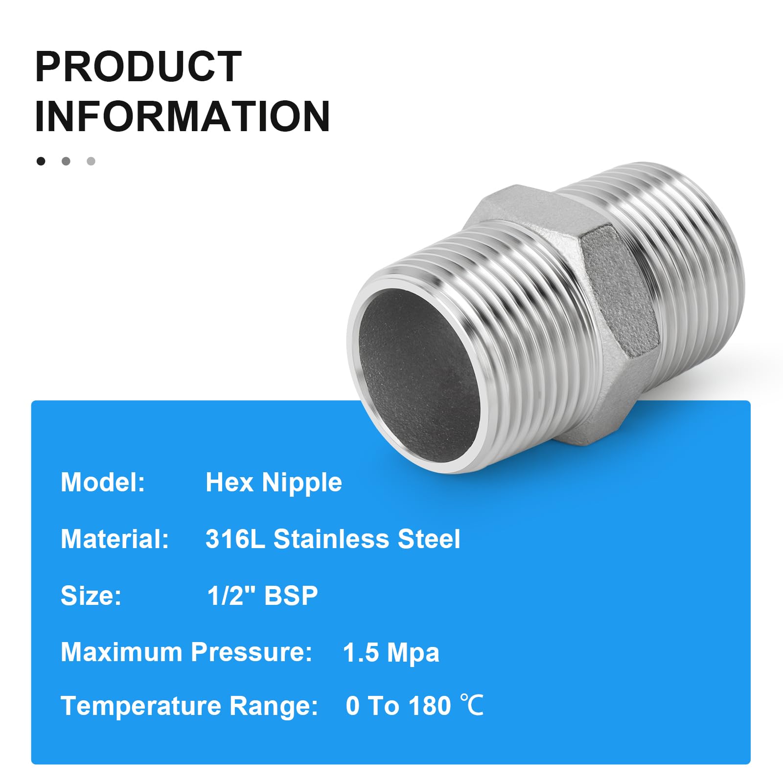 2 szt. stal nierdzewna 316L męskie sześciokątne złączki rurowe 1/2" BSP męska rura x 1/2" BSP męska rura | Równe podwójne porty gwintowane męskie sześciokątny profil centralny szczelne proste wyrównanie do rur płynnych