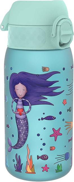 ION8 Butelka dla Dzieci, 350 ml/12 oz, Szczelna, Łatwa do Otwarcia, Bezpieczny Zamek, Można Myć w Zmywarce, Bez BPA, Uchwyt do Przenoszenia, Łatwa do Czyszczenia, Bezwonny, Wzór Syreny