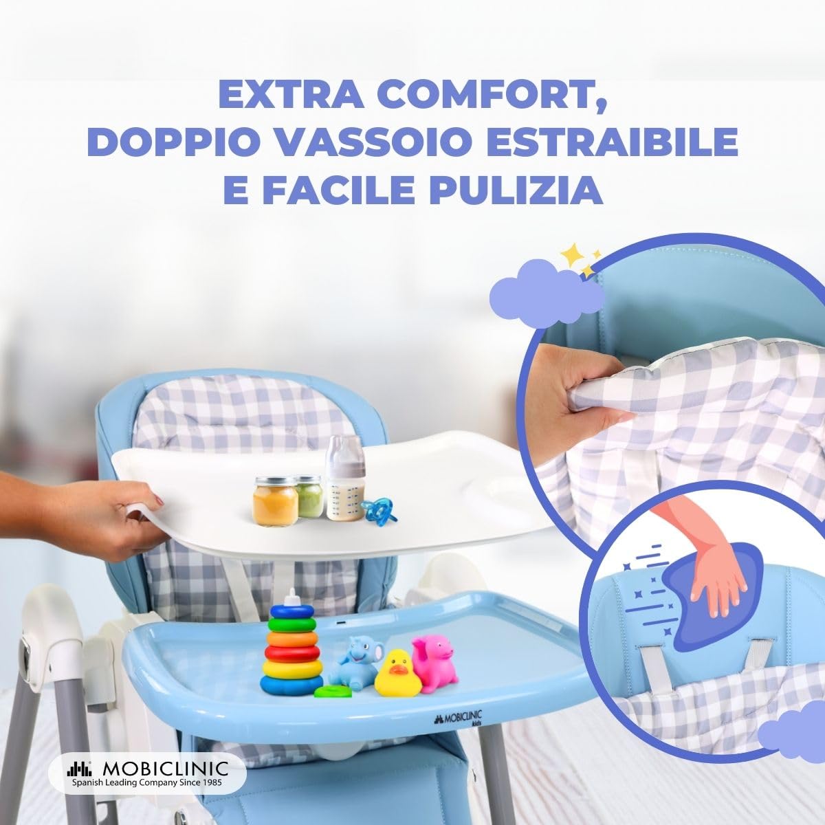 Mobiclinic®, Seggiolone a dondolo evolutivo, 3 in 1, 6-36 mesi, 15 kg, Pieghevole, Regolabile altezza e sullo schienale, Doppio vassoio rimovibile, Rotelle 360°, Imbracatura 5 punti