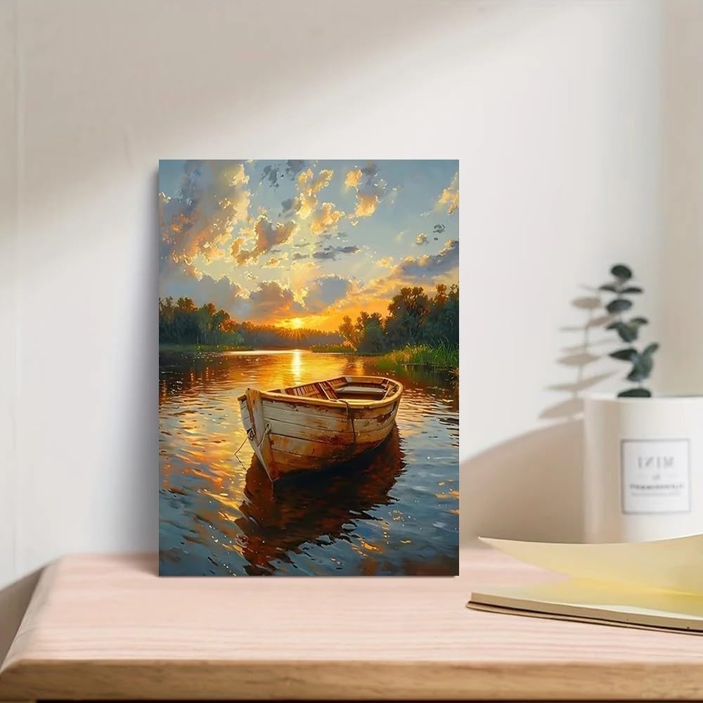JUYIOPAX Sonnenuntergang am See mit altem Holzboot, impressionistisches Flussposter und Drucke, Leinwandgemälde, Wandkunst, Bilder, Heimdekoration (60x90cm/Innenrahmen)