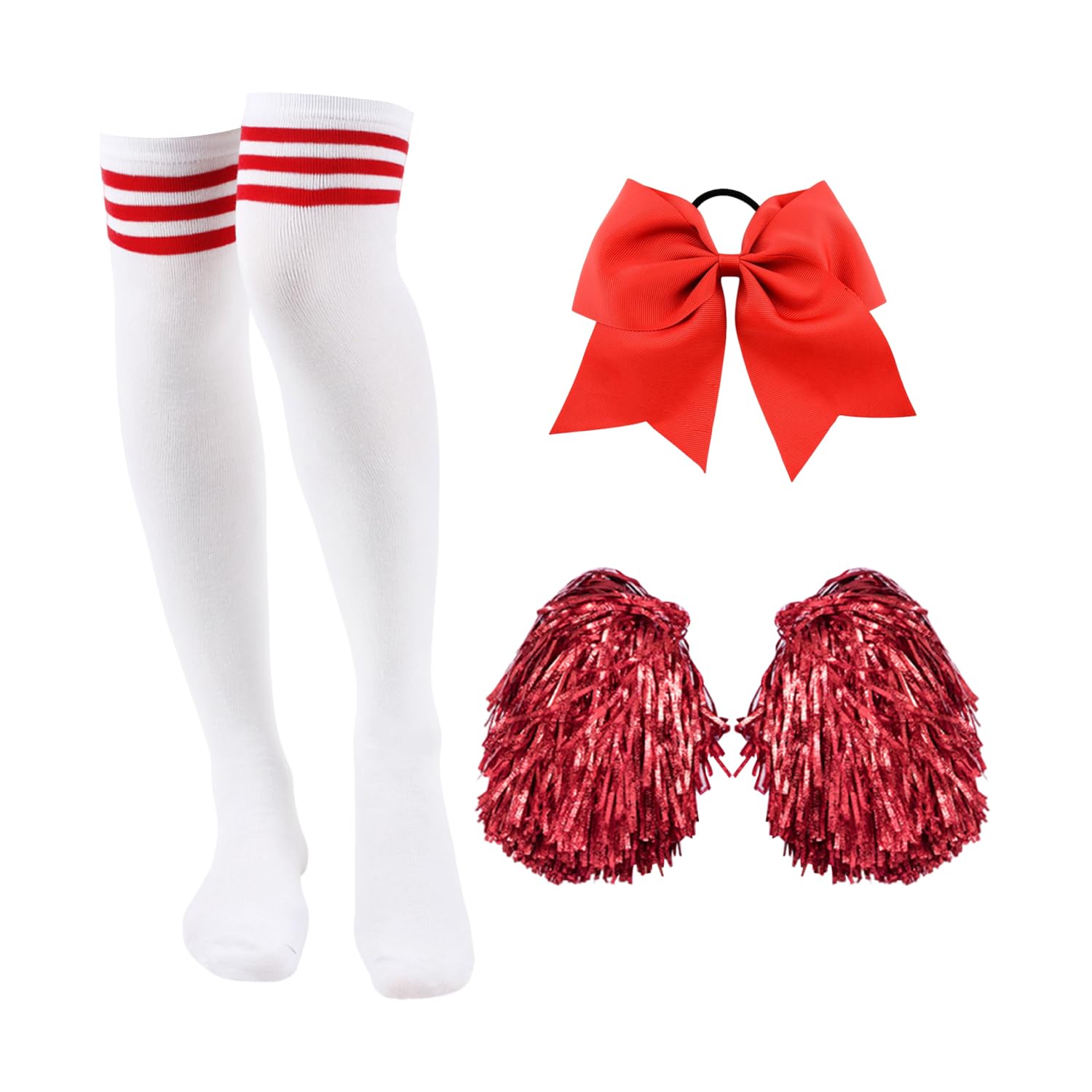 TVSVKWE 1 Pair Of Hand-Knit Tassel Balls, 1 Bow-Tie Hair Ring And 1 Pair Of Over-Knee Socks, Cheerleading Costumes, Sports Event Clothing Accessories.