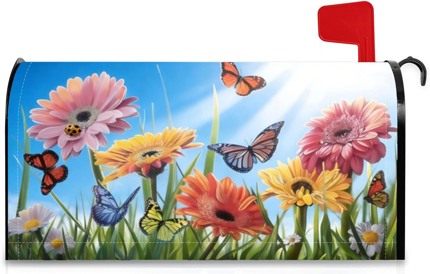 Spring Summer Magnetic Mailbox Cover Standard Size 21x18 Inch,Daisy and Butterflies Decal for Outdoor Decorations Post Letter Box