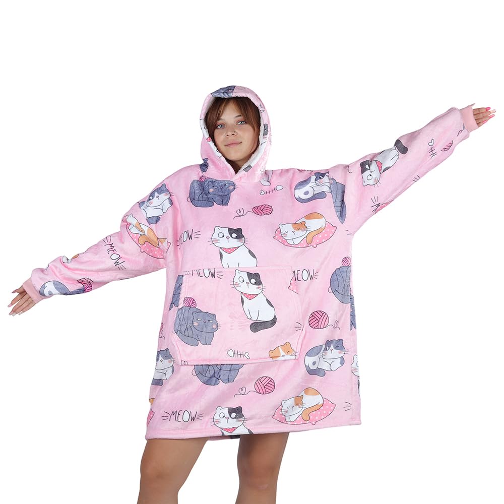 Queenshin Cat Wearable Blanket, Oversized Sherpa Comfy Blanket for Adults Women Girls, Warm Cozy Animal Hooded Body Blanket Pink