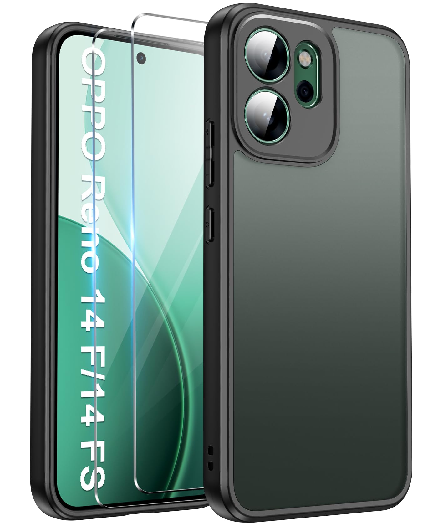 FLLAO Opaca Cover Compatibile con OPPO Reno 14 FS 5G / OPPO Reno 14 F 5G con 2 Vetro Temperato, [Della Fotocamera Protezione] Anticaduta Anti-Graffio Anti-Impronte Hard PC Glassata Custodia Nero