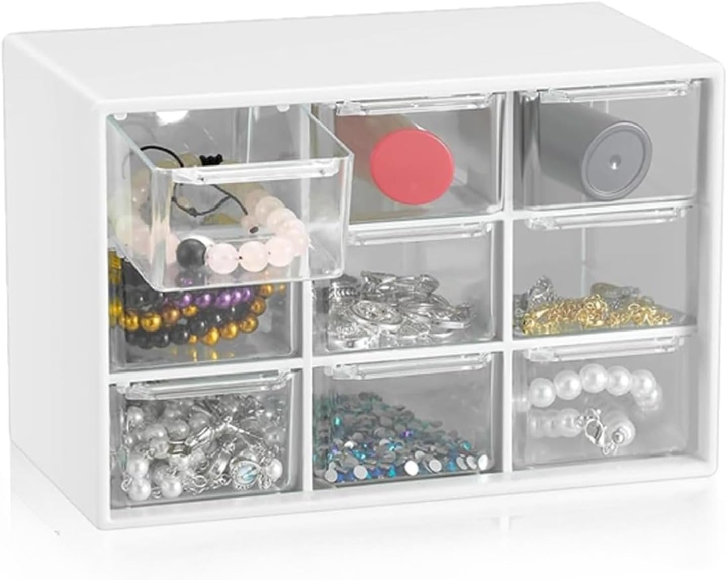 Small Drawer Storage Box with 9 Clear Drawers, Plastic Desktop Craft Organizer, Ideal for Office and Craft Storage