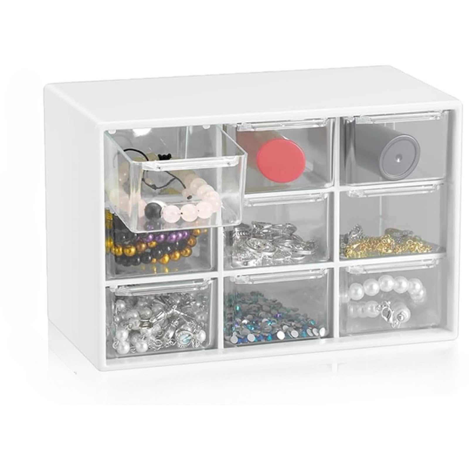 Small Drawer Storage Box with 9 Clear Drawers, Plastic Desktop Craft Organizer, Ideal for Office and Craft Storage