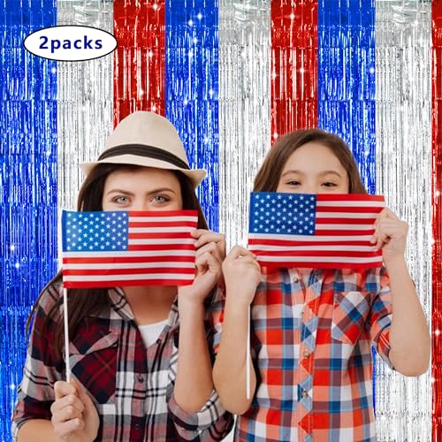 Image of TONIFUL Red White and Blue Tinsel Foil Fringe Curtains,4th of July Decorations Independence Day Photo Booth Backdrop,Metallic Door Streamers for Patriotic Party Memorial Day Labor Day Supplies