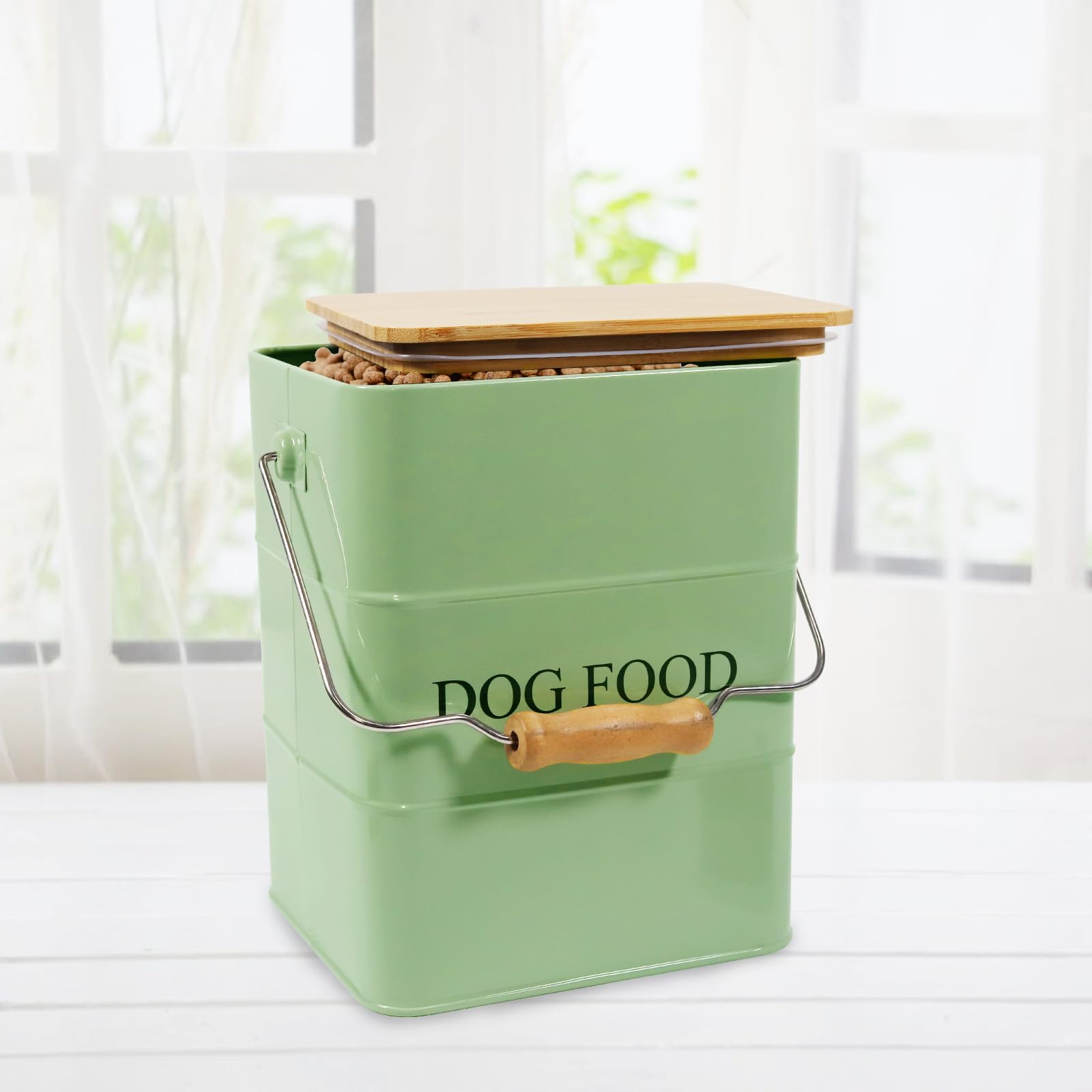 Boîte de rangement en métal pour chien - 6 l - Avec couvercle en bois, poignée et pelle - Boîte de conservation hermétique pour nourriture sèche et collations - Boîte à friandises - Vert armée