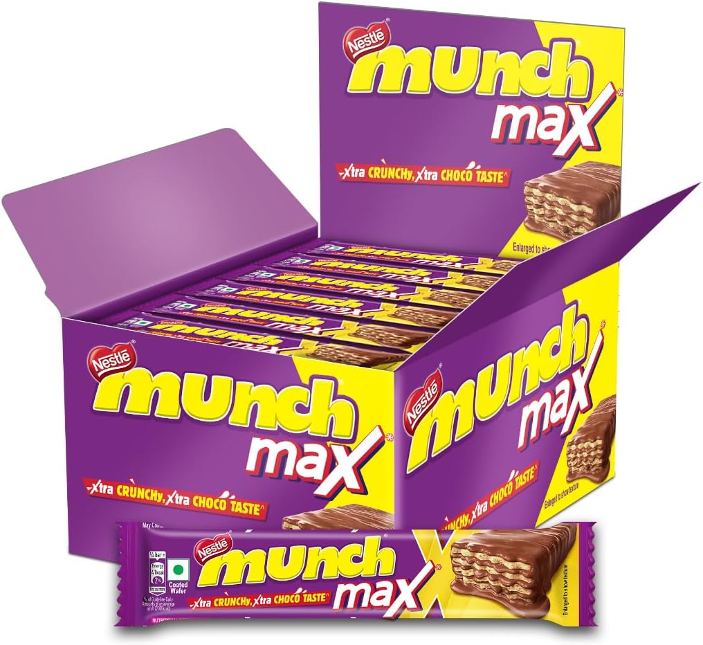Nestlรฉ MUNCH MAX, Choco Coated Crunchy Wafer Bar, Xtra Crunchy, Xtra Choco Taste, (24 Units x 38.5g) 924g, Box