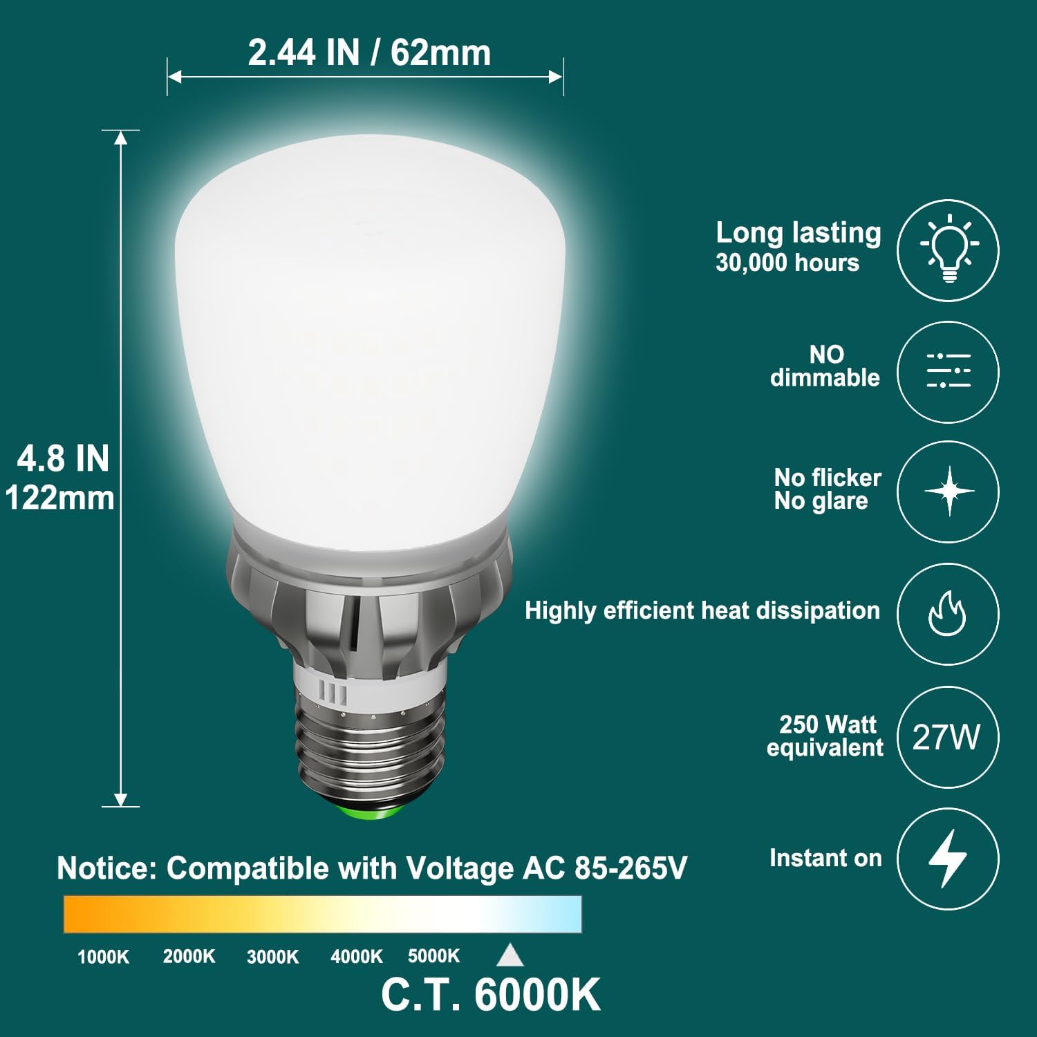 A19 LED Light Bulbs, 3670 Lumens E26 LED Bulb, 250W Equivalent, 6000K Cool Daylight White Non-Dimmable, 22-Year Lifetime, 27W Energy Saving for Home Office Garage