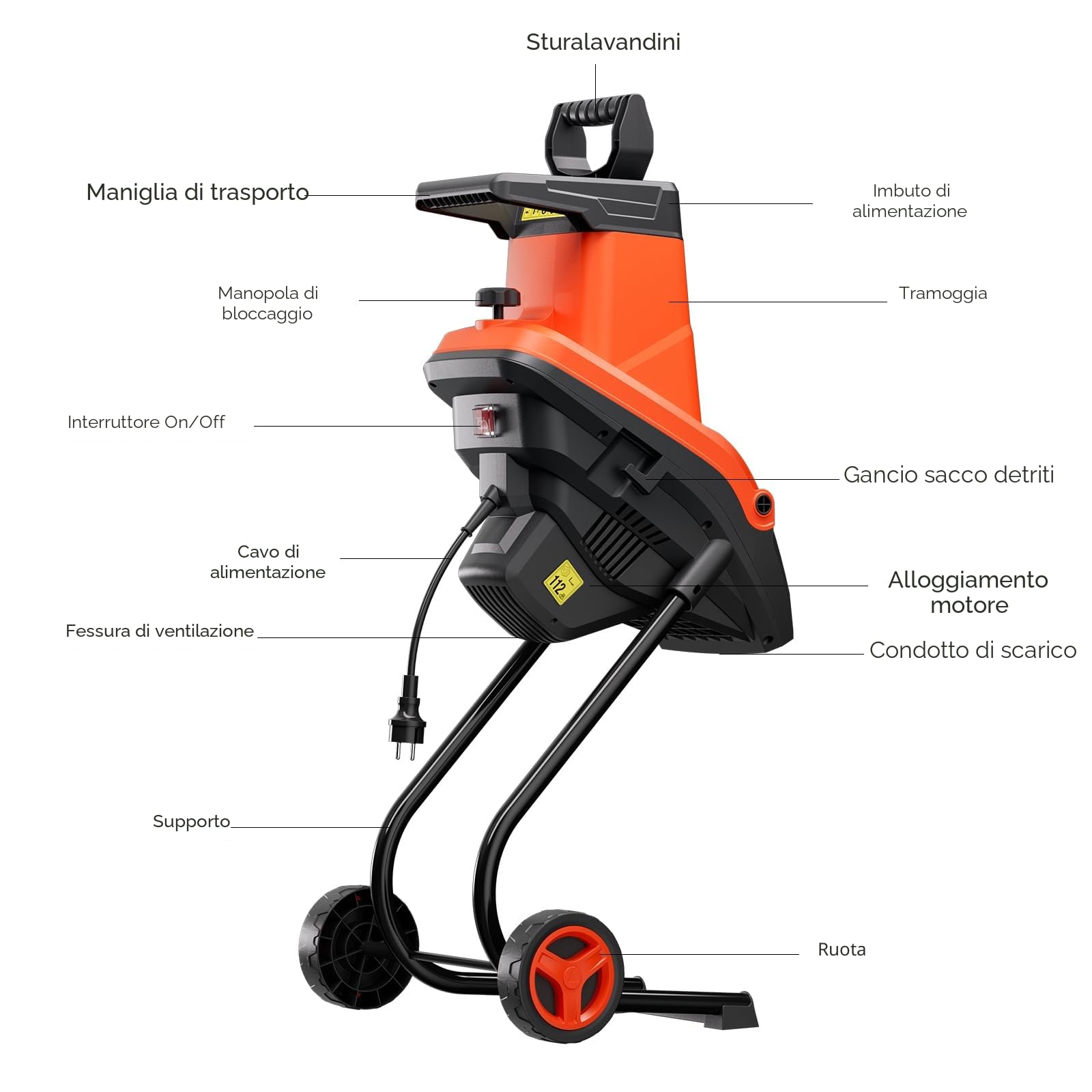 Biotrituratore Elettrico 2500 W, Spessore Ramo 45 mm, Sacco Raccolta 50 L