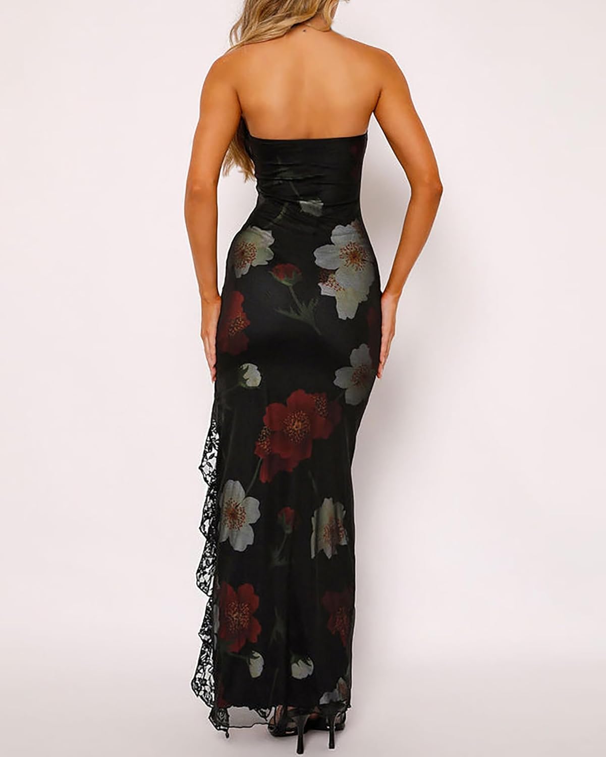 BAIMORE Women's Chic Strapless Tube Floral Lace Patchwork Thigh Split Bodycon Maxi Party Dress - Image 4