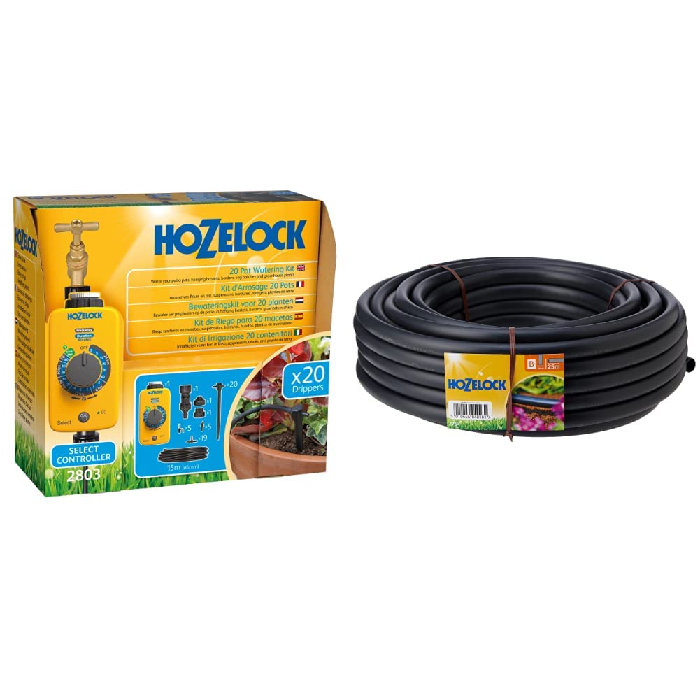 Hozelock Ltd20 Pot Watering Kit Including AC1 Timer which Has 13 Pre-set Programs to Supply Water From Once Per Day, to Up to Four Times a Day & 2764R0000 Supply Hose, 25 m x 13 mm