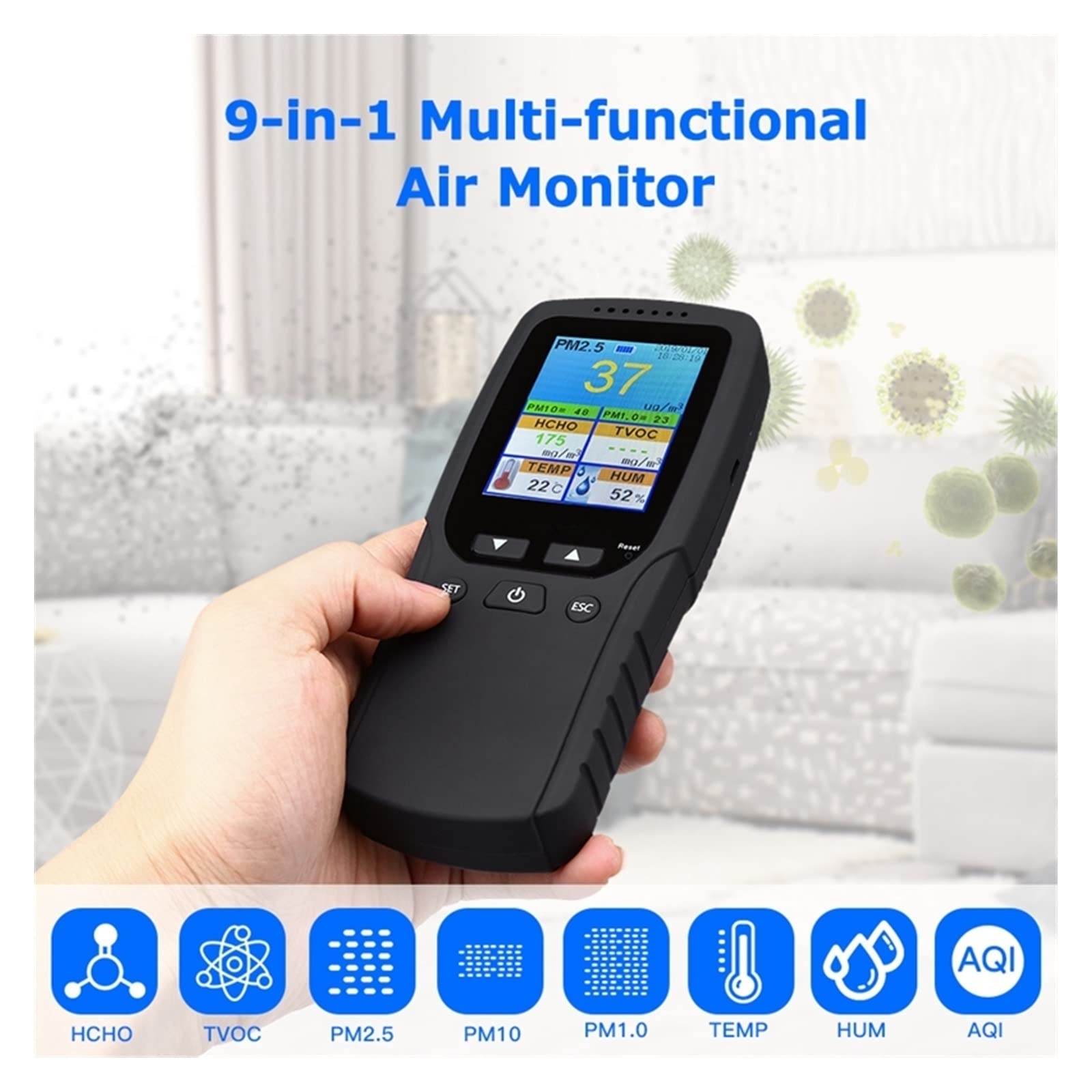 Rilevatore Gas, Monitor della qualità dell'Aria 9 in 1 Indoor Outdoor PM2.5, PM1.0, PM10, HCHO, rilevatore Tester Sensore di Temperatura e umidità per Lavoro, Casa