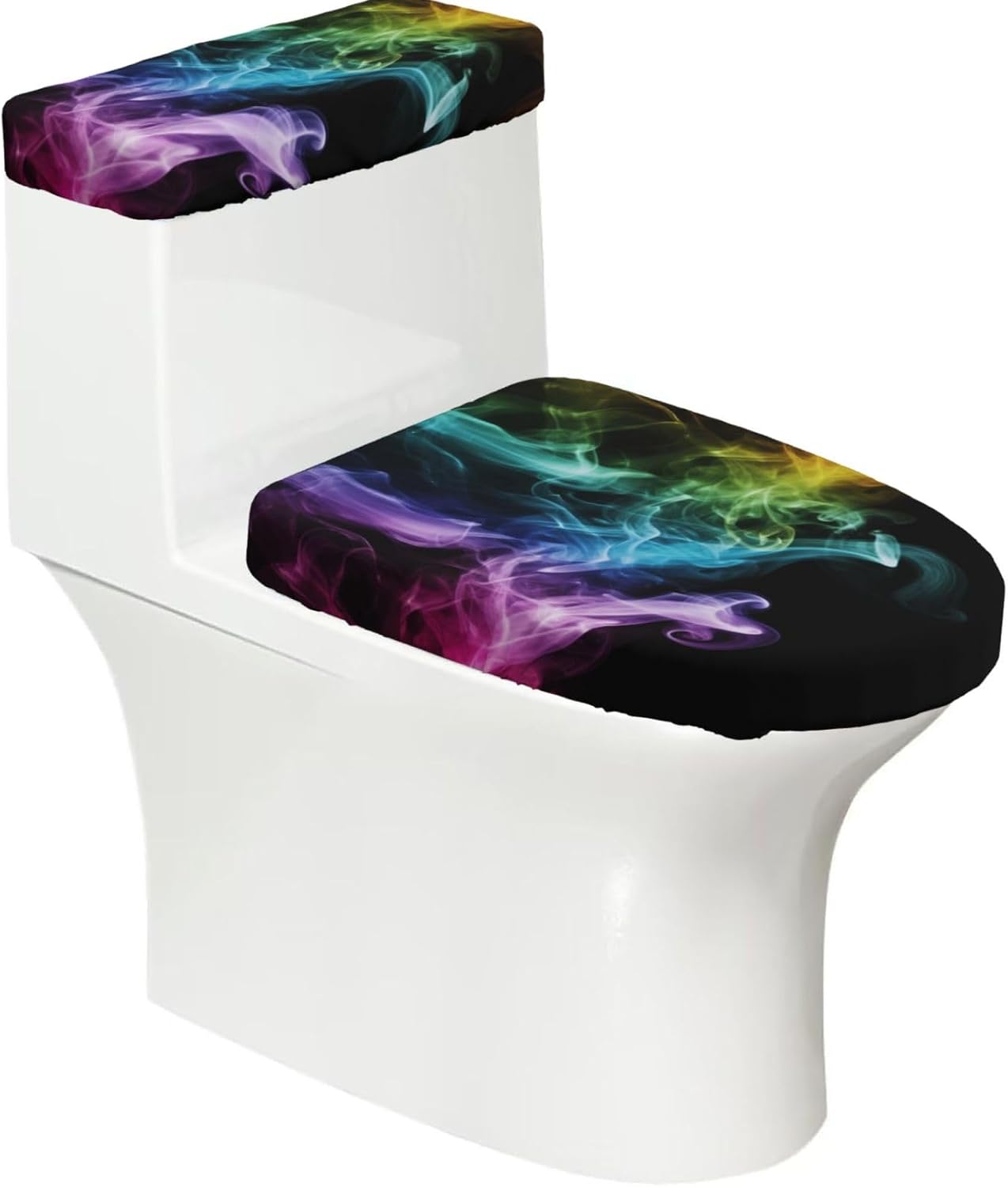 2 Pcs Toilet Lid Cover and Toilet Tank Lid Cover, Washable Toilet Cover with Elastic Bottom Replacement Soft Stretch Toilet Seat Cover Set Colorful Smoke Bathroom Decor