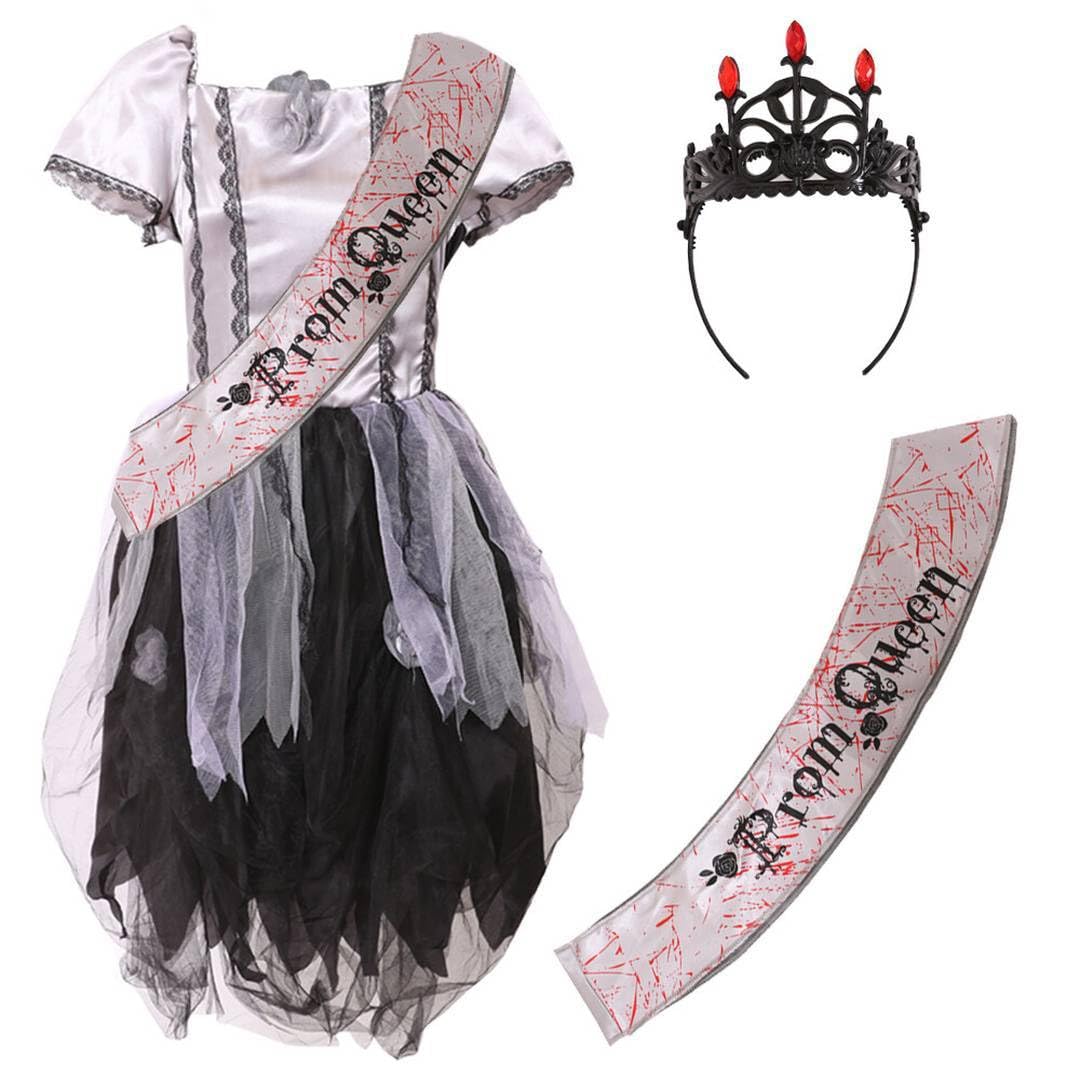 LOVETRENDS Child Zombie Prom Queen Costume with Headband – Girls Halloween Horror Prom Fancy Dress Outfit