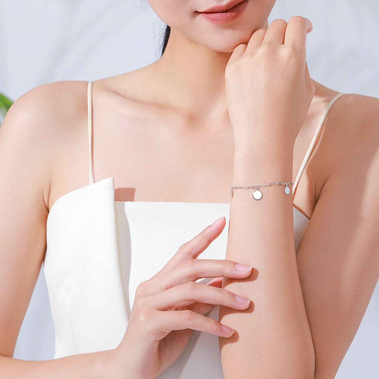 Pulseras de Mujer de Oro Blanco de 9K / 14K / 18K, Redondo Simple, Cadena Extensible 16 CM + 5 CM, Pulseras de Plata para Mujer