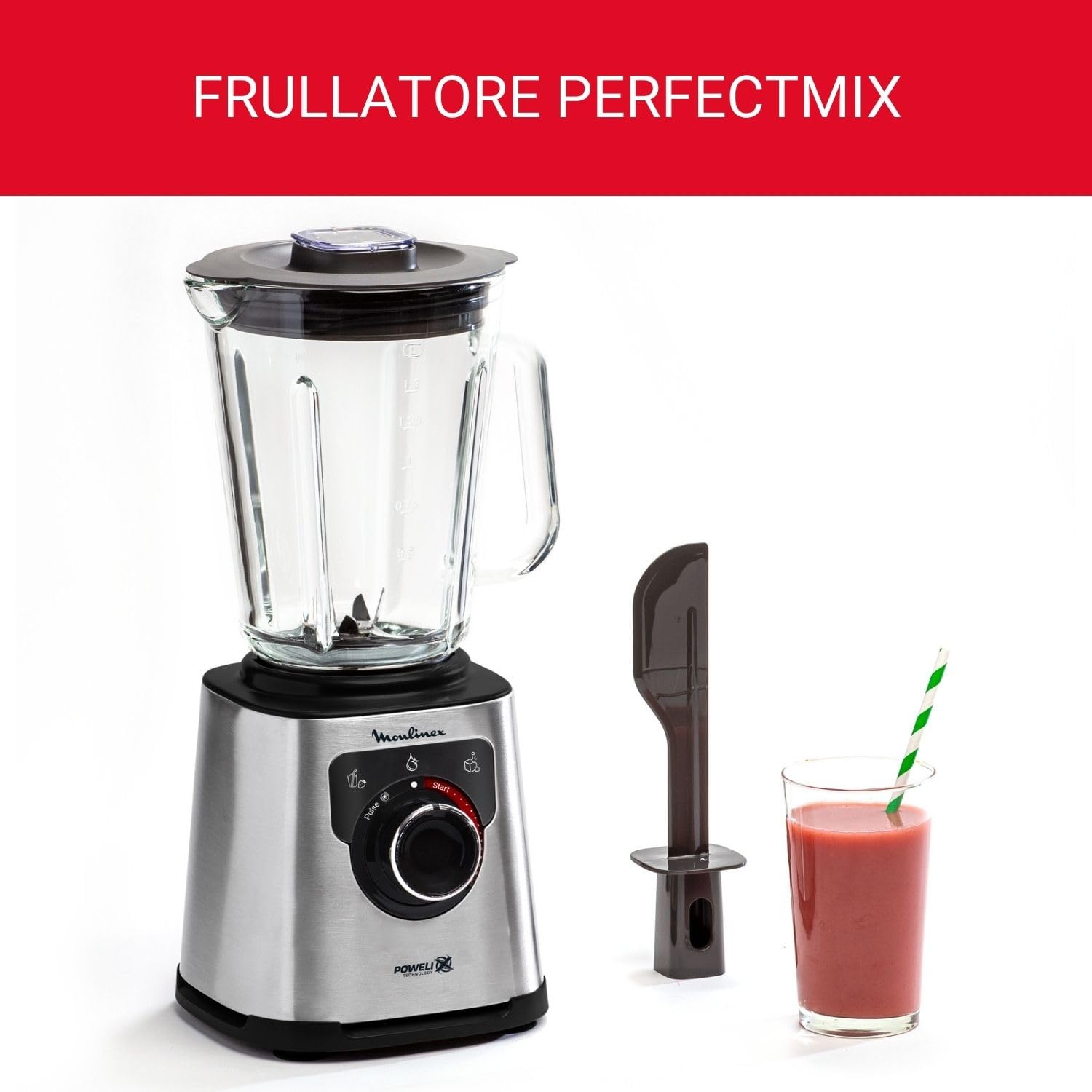 Moulinex LM871D Frullatore PerfectMix+ Frullatore ad alta Velocità con Tecnologia delle Lame Powelix, Programma di autopulizia, Potente Motore da 1200 W