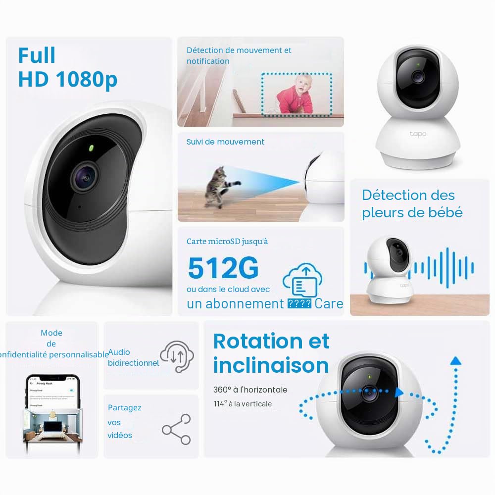 Tapo 1080P Camera Interieur WiFi 360° Connectée Smartphone,C200