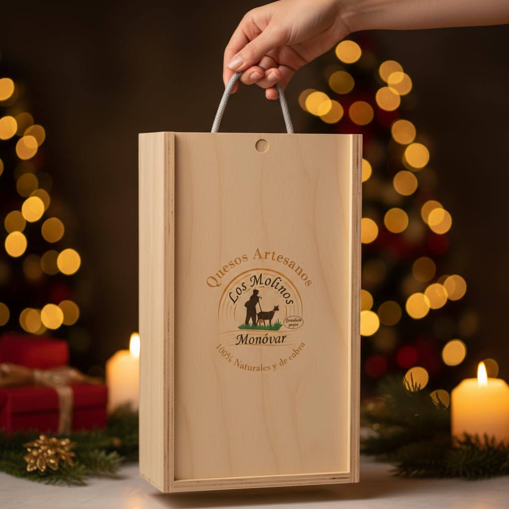 Estuche Gourmet 4 Quesos Artesanos de Leche Cabra con Botella Vino Tinto Pago de los Capellanes | Caja de Madera | Queso Semicurado, Romero, Pimentón y Curado | Regalo Gastronómico | Ganadería Propia