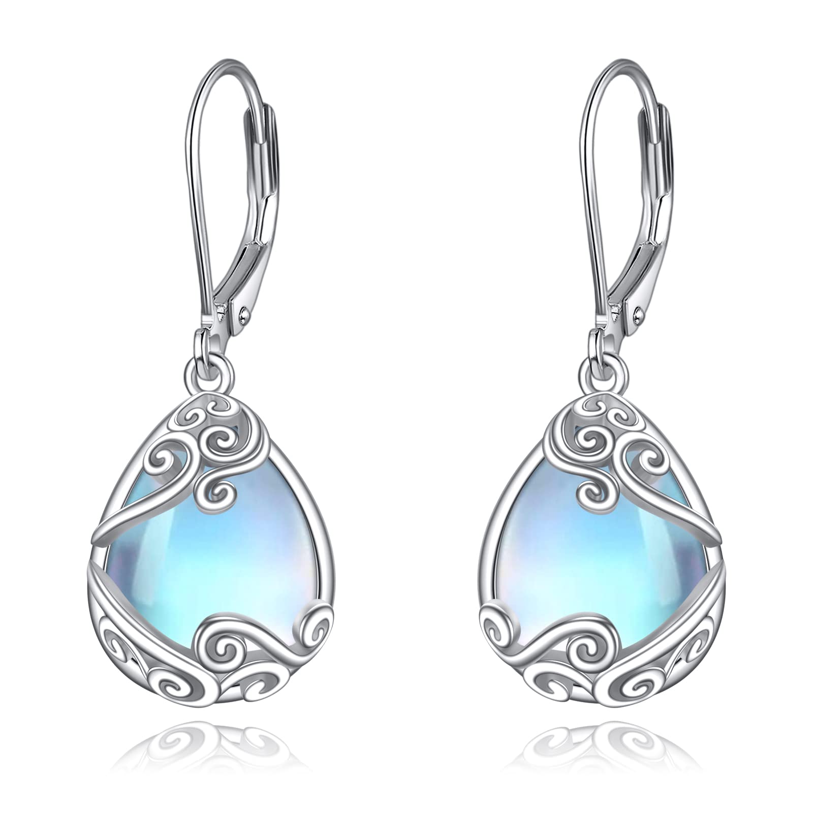 Moonstone Filigree Drop Dangle Teardrop Earrings 925 Sterling Silver Moonstone Leverback Earrings for Women Jewellery Gifts