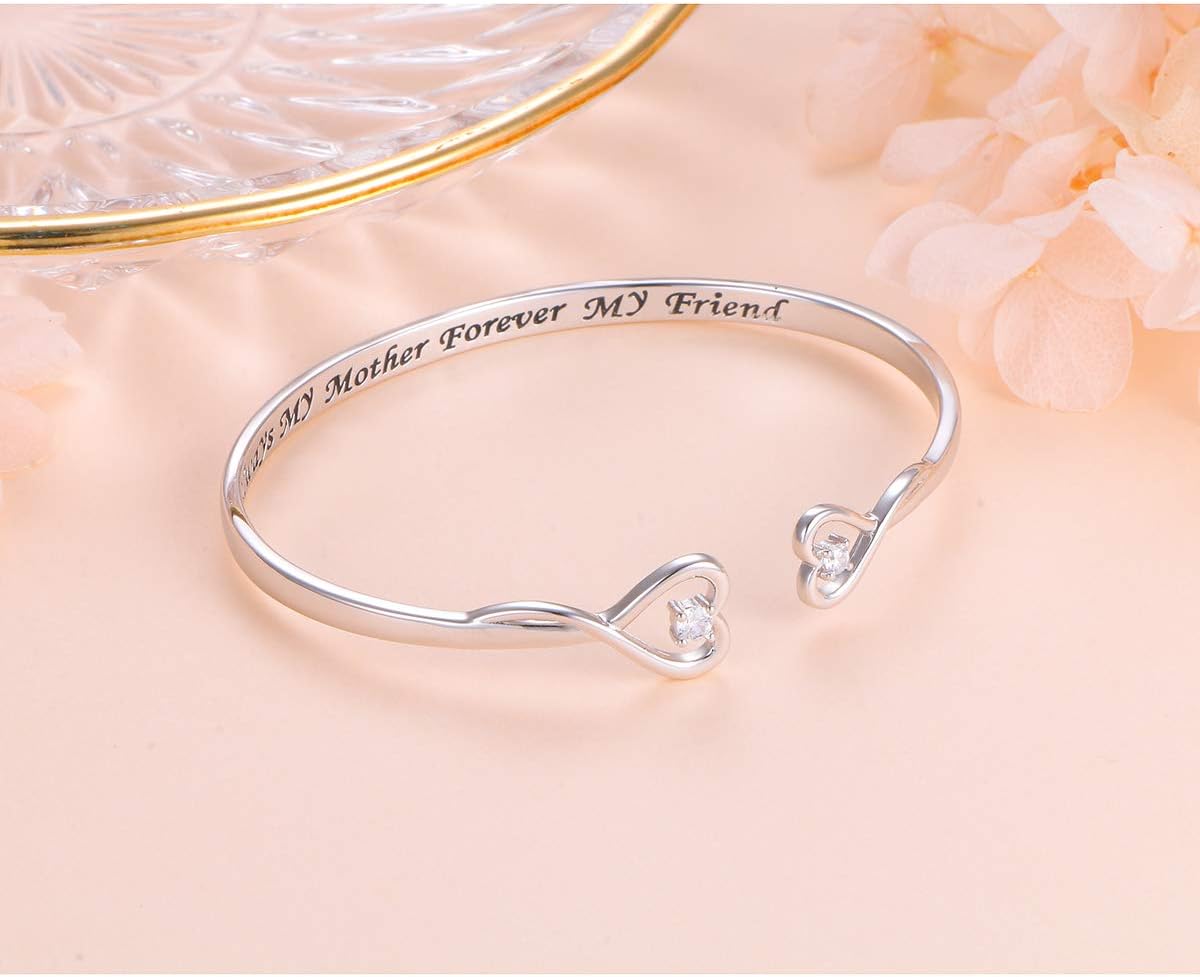 DAOCHONG Sterling Silver Sideways Cross Bangle - Faith Hope Love Engraved Bracelet With Love Heart Circle for Women, Sister, Girlfriend Gift