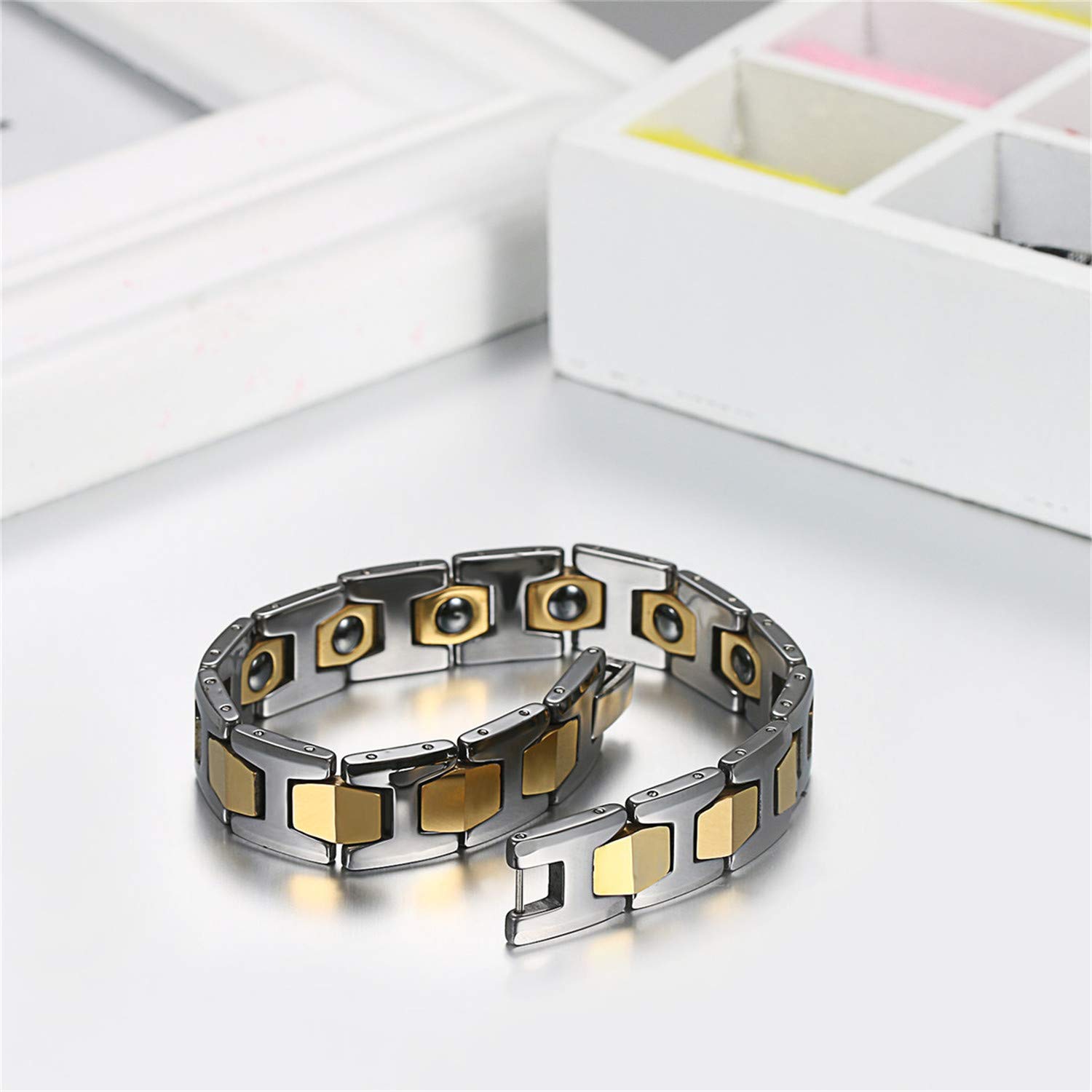JewelryWe Pulsera magnética ajustable para hombre y mujer, pulsera de enlace elegante de acero inoxidable, 20 cm, Titanio Acero inoxidable