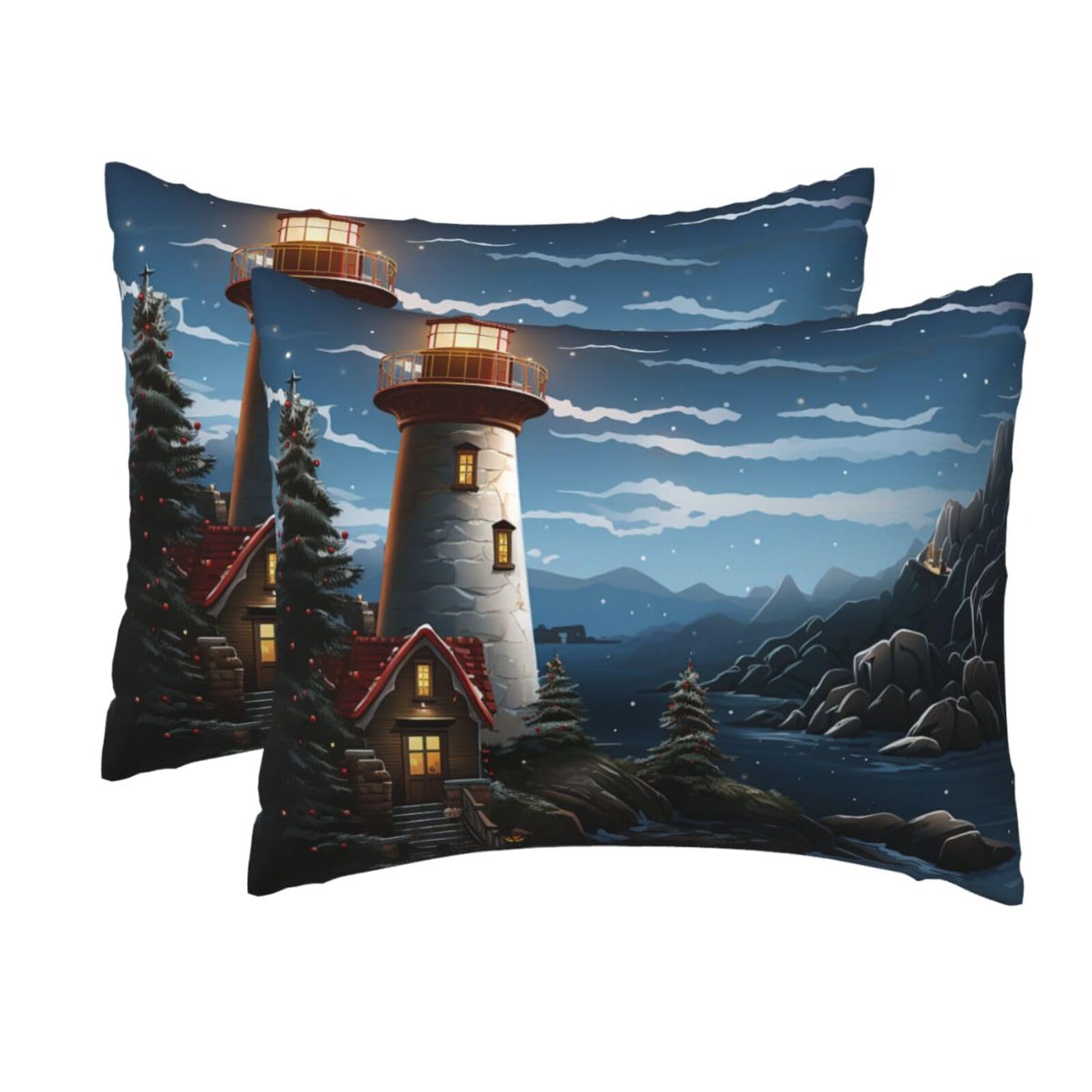 2 Pack Standard Pillow Cases with Hidden Zipper, Soft Breathable Pillow Covers for Hair and Skin, Santa Claus Lighthouse Pillowcases 20"x26" Bed Pillow Protectors Cover for Sleeping Gifts