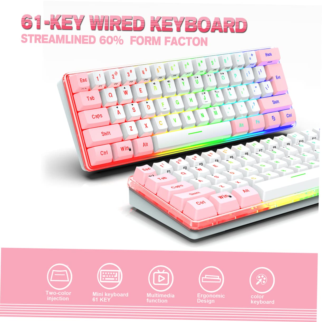 HEMOTON Tastiera Gaming Meccanica Compatta 61 Tasti Abs Rgb Multimediale | Tastiera Gaming Compatta, USB Interfaccia, per Gioco Multimediale, Design Compatto da 61 Tasti