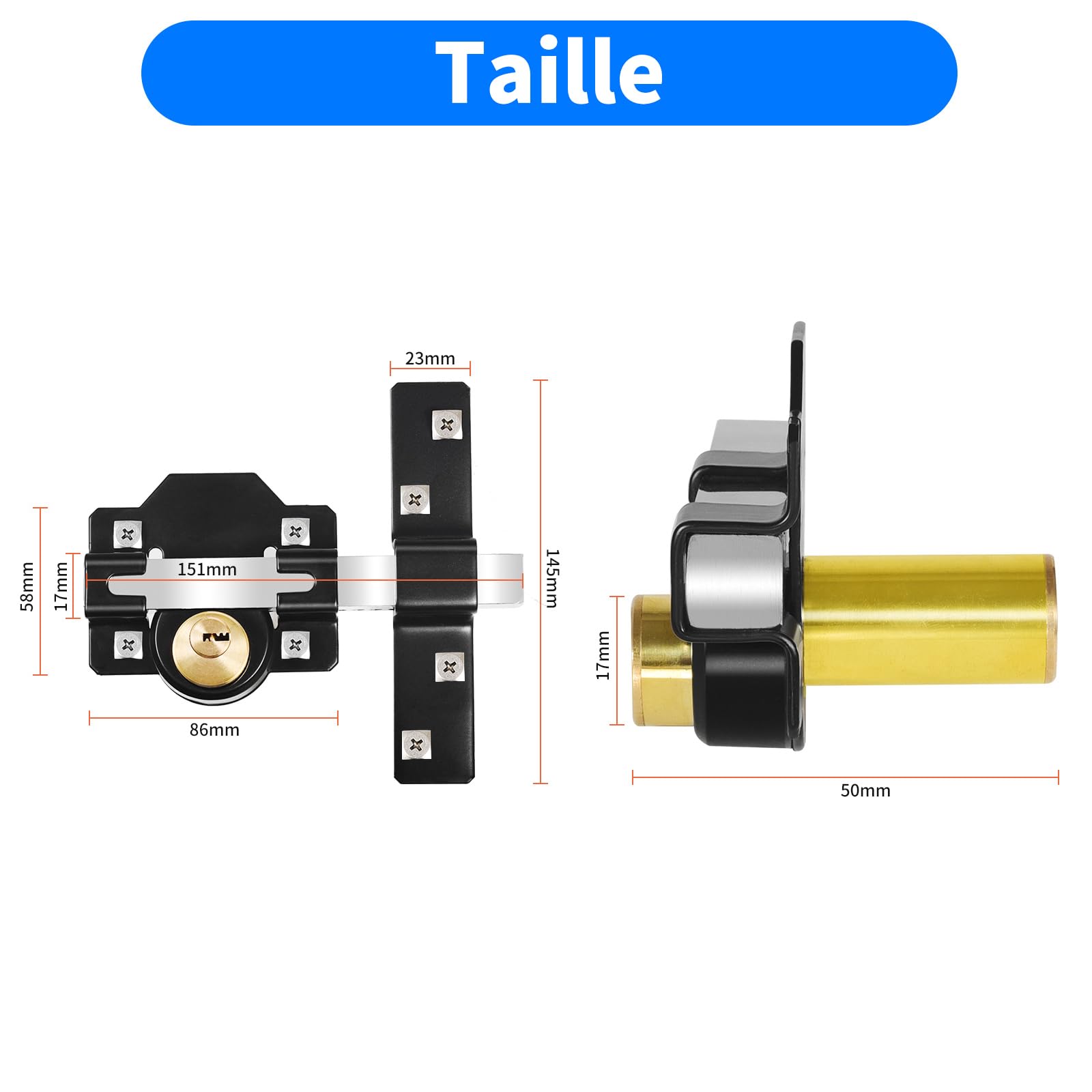 Serrure de portail longue portée 50 mm, double verrouillage, en acier inoxydable, pour portail en bois, 5 clés