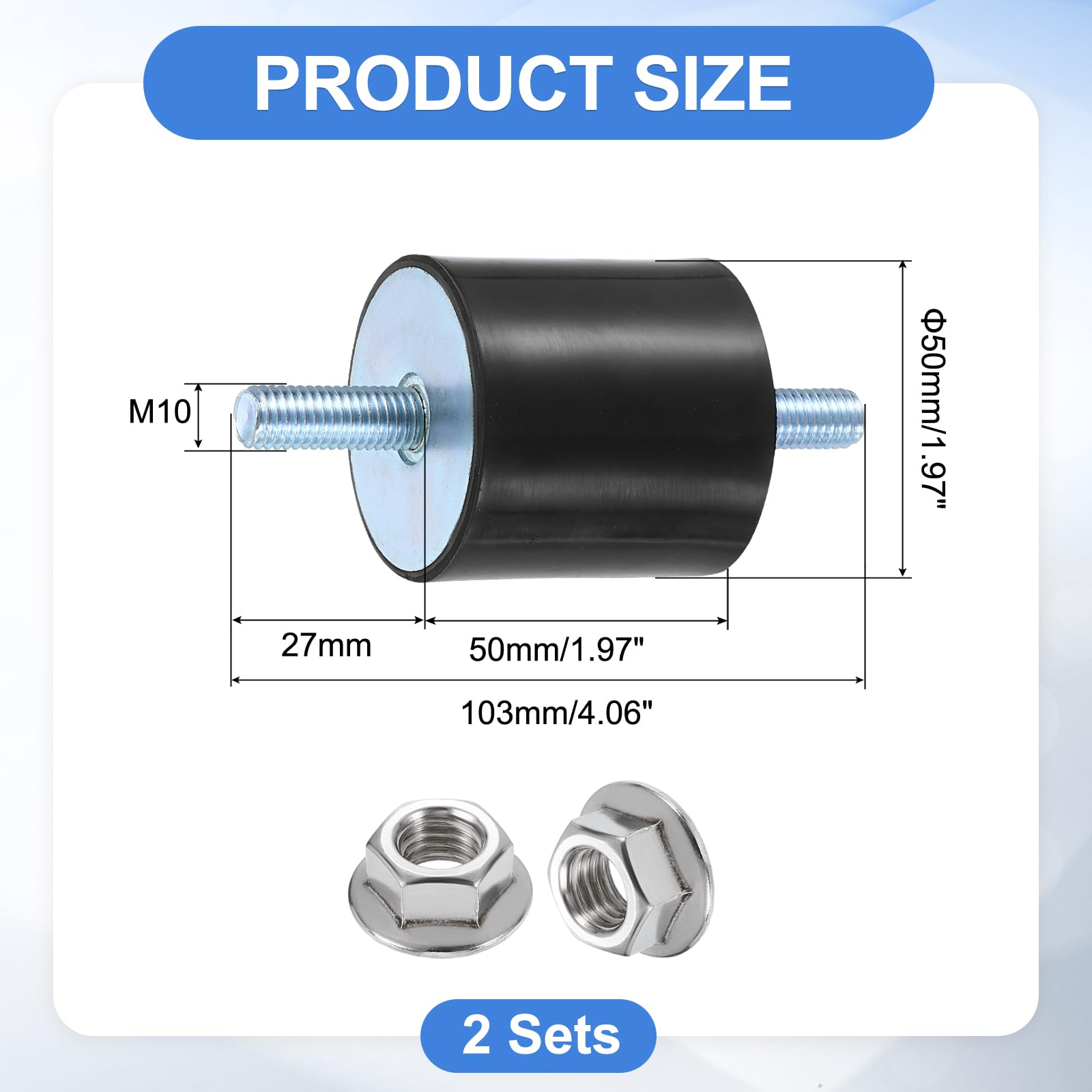 QUARKZMAN 2 Stück Gummipuffer M10 x 27mm, 50 x 50mm Gummifuß Mit Schraube Naturgummi Verzinkter Stahl Antivibrationspuffer für Luftkompressoren Pumpen Motoren Industriemaschinen