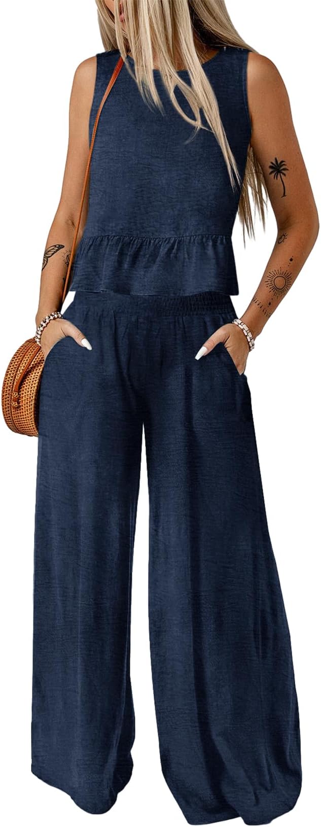 Pants Sets Women 2 Piece Outfits Sleeveless Round Neck Tank Tops Matching Sets for Women Elastic Waist Wide Leg