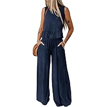 Pants Sets Women 2 Piece Outfits Sleeveless Round Neck Tank Tops Matching Sets for Women Elastic Waist Wide Leg