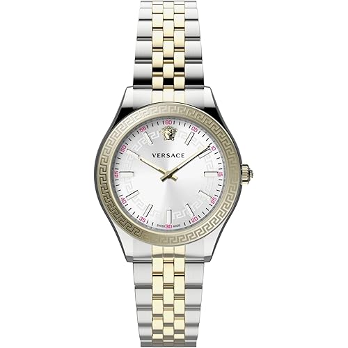 Versace Hellenyium Collection Luxury Womens Watch Timepieces with a Two Tone Bracelet Featuring a Twon Tone Case and a Silver Dial