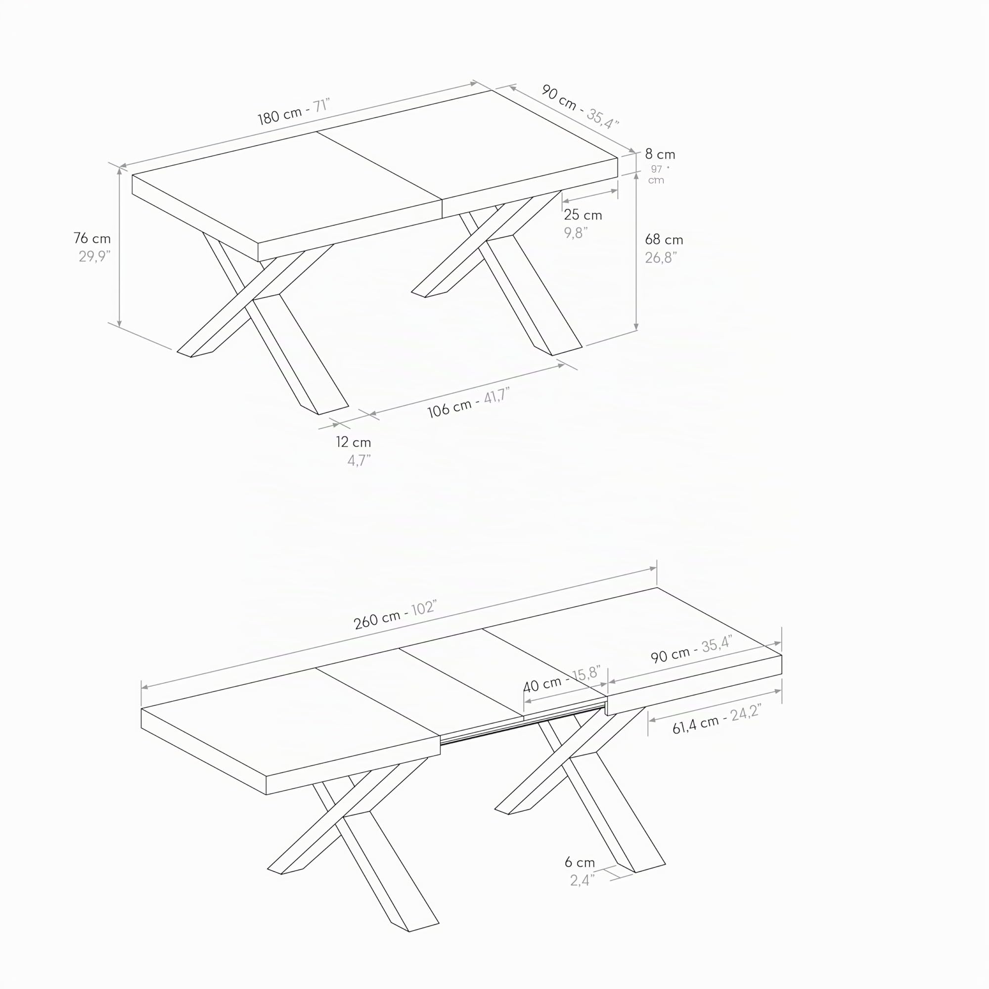 PAZZO DESIGN Ausziehbarer Tisch Marco, Tisch für Wohnzimmer oder Küche, gekreuzte Beine X Schwarz, hergestellt in Italien, rustische Eiche, 180x90x76 cm - id_1998