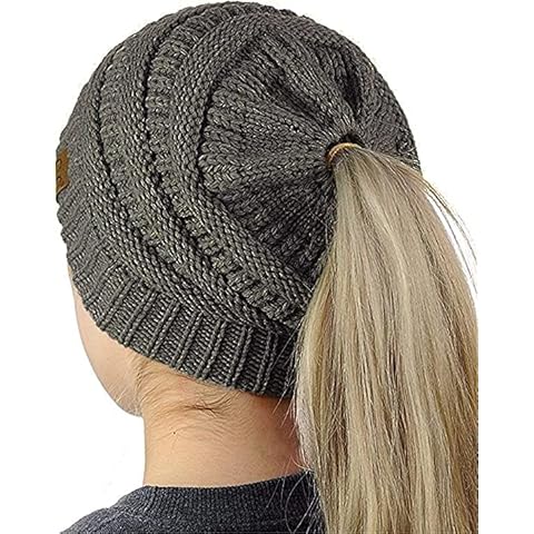WEKNOWU Women Hat, Soft Stretch Cable Knit Messy High Bun Ponytail Beanie Hat (Dark Grey) Cover