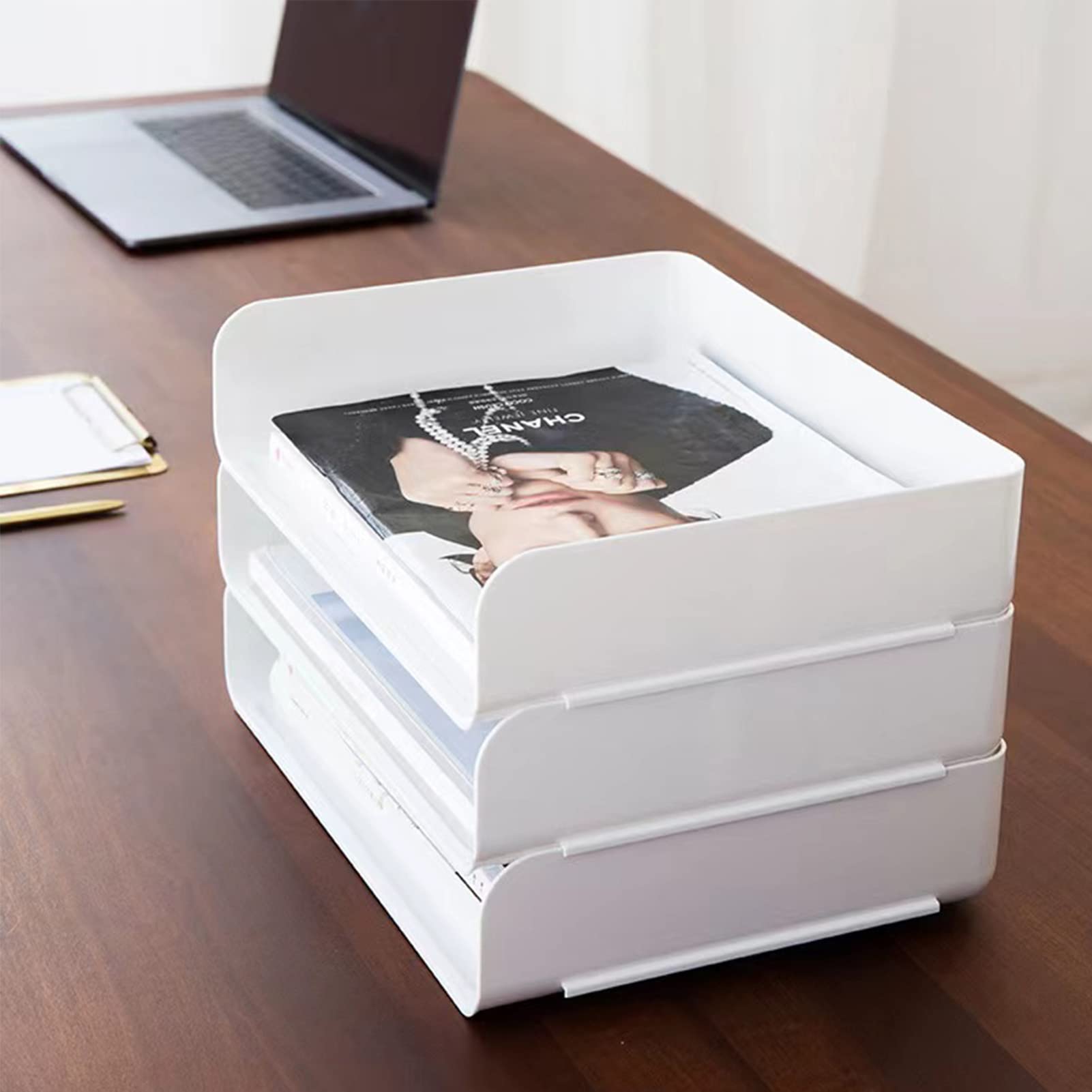 Paquete de 2 bandejas apilables blancas para cartas, bandeja organizadora de papel de escritorio A4, soporte de papel de archivo de escritorio con diseño antideslizante para escritorio de