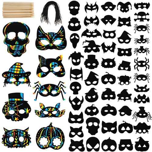 Nicunom 52 PCS Rainbow Scratch Mask, Scratch Paper Mask Art Craft Kit for Birthday Cosplay Decoration, Bat Pumpkin Skull Zombie Witch Pirate Halloween Supplies