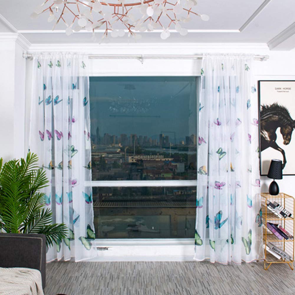Boyouth Green Colorful Butterfly Pattern Print White Sheer Voile Curtains,Rod Pockets Curtains And Drapes For Bedroom,Study,Living Room,,39 X 78 Inches,2 Panels