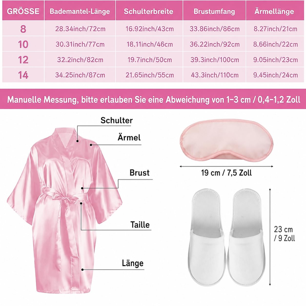 LYCN 6 teiliges Spa Bademantel Set für Mädchen, Satin Seiden Kimono Bademantel mit Seiden Augenmaske und Hausschuhen für Geburtstagsparty (size 12)