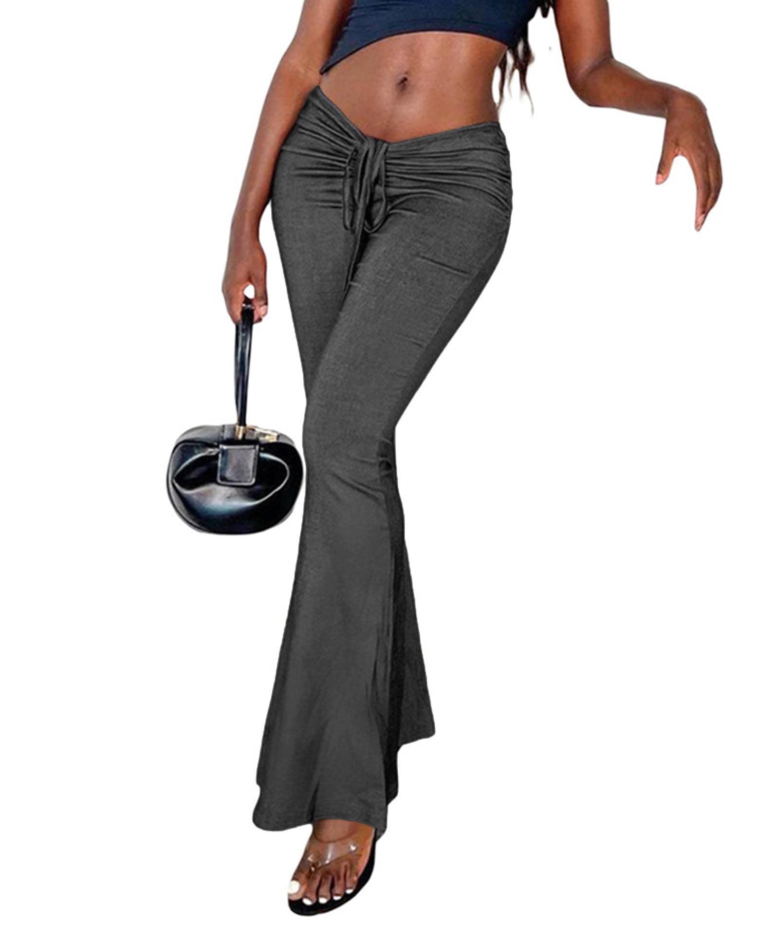 xxxiticat Womens Low Rise Lace Up Flared Pants Bandage Drawstring Waist Wide Leg Bodycon Bell-Bottom Trousers