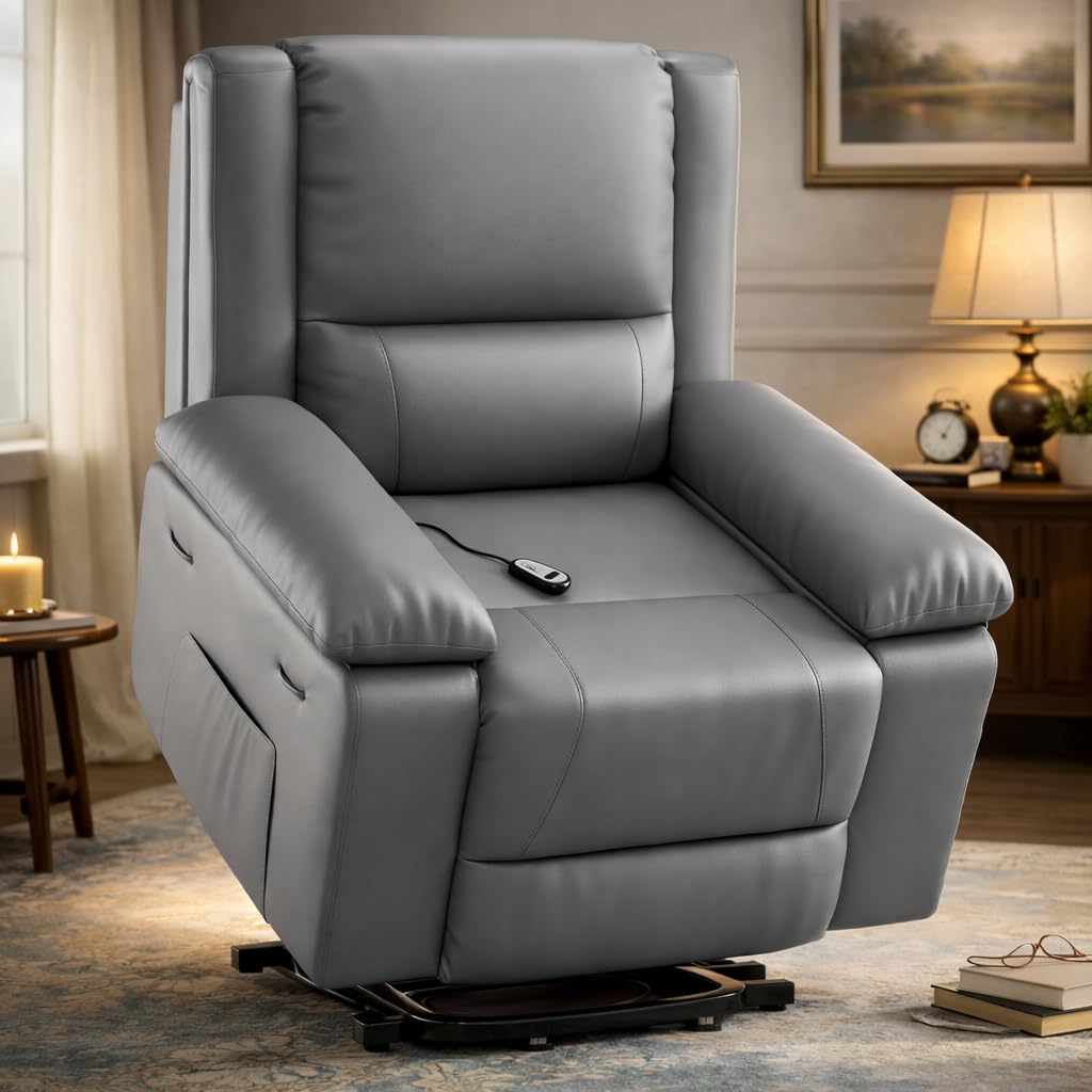 Power Lift Recliner, Electric Lift Chair for Elderly with Remote Control, Massage &amp; Heat Recliner Chair with 8-Point Vibration and Lumbar Heating, PU Leather Power Recliner with Side Pocket, Grey